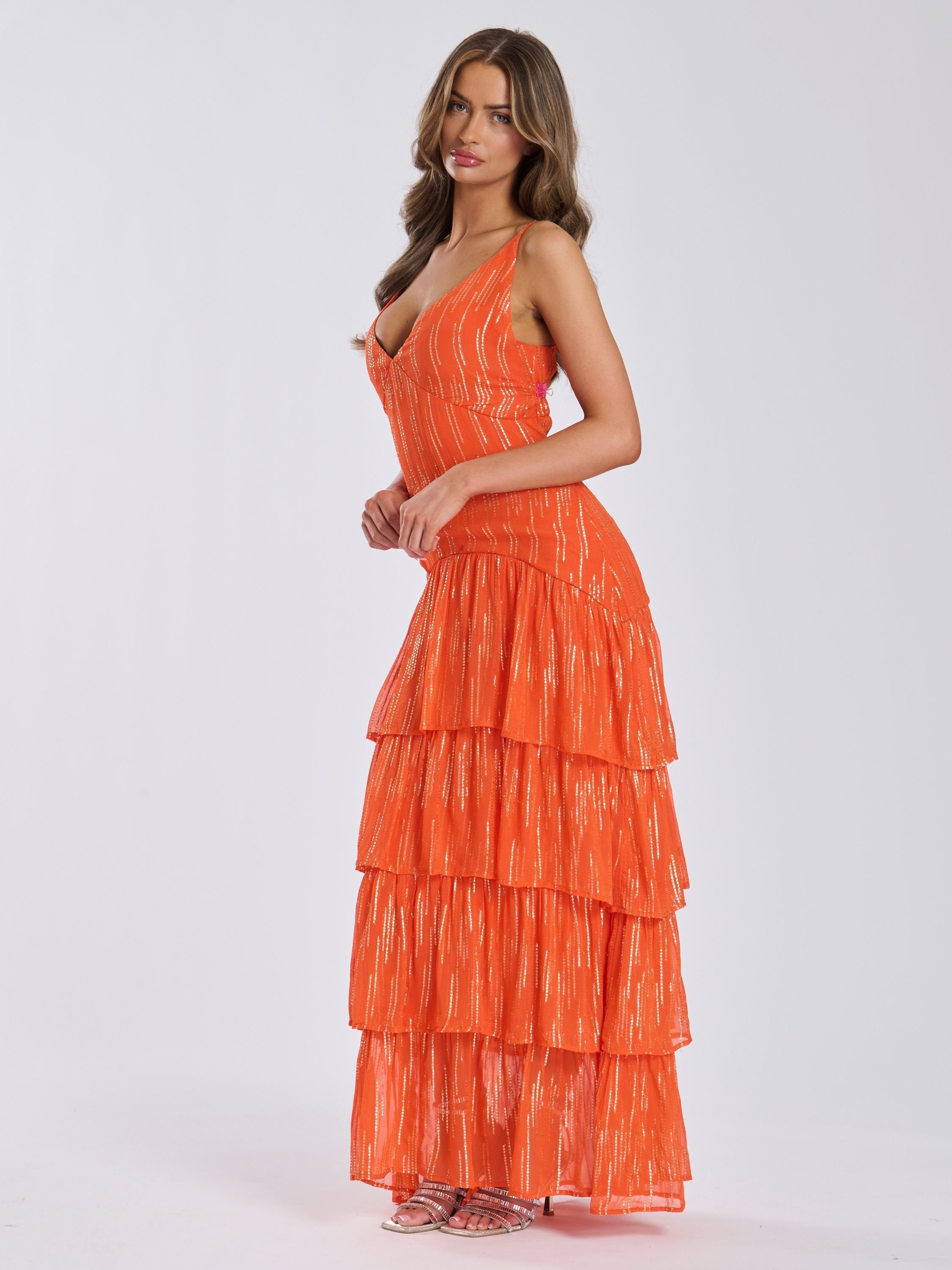 Finding Friday Finding Friday Women's Metallic Ruffle Strappy Shoulder Maxi Dress in Orange - 2