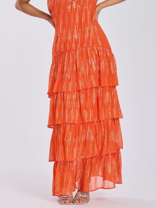 Finding Friday Finding Friday Women's Metallic Ruffle Strappy Shoulder Maxi Dress in Orange - 2