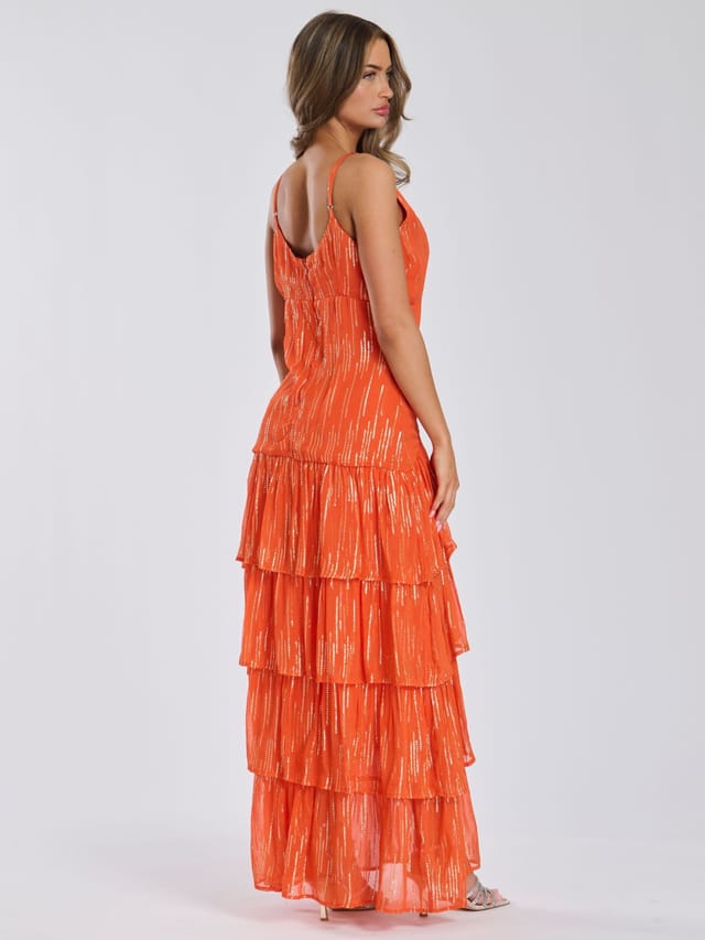Finding Friday Finding Friday Women's Metallic Ruffle Strappy Shoulder Maxi Dress in Orange - 3