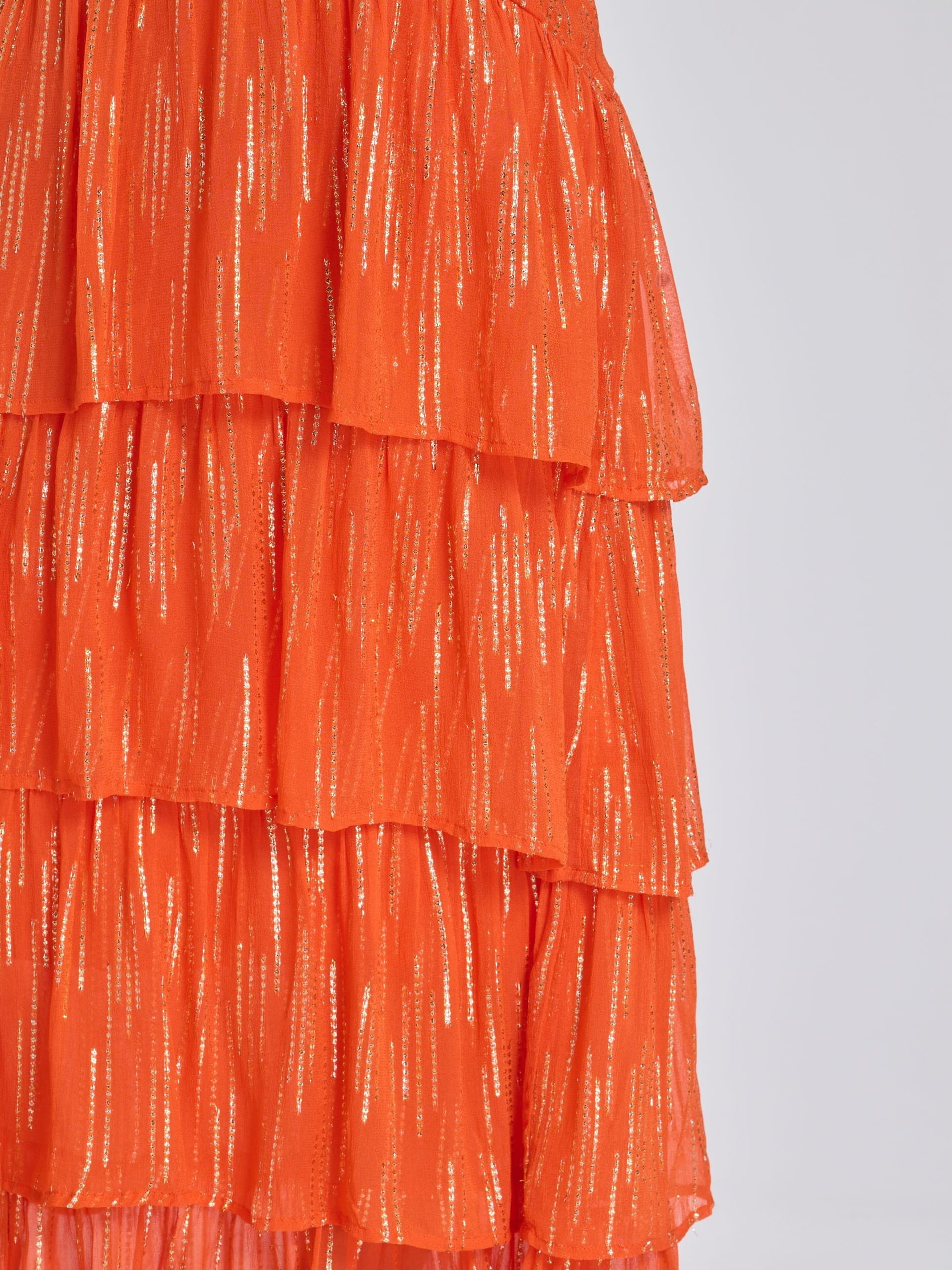 Finding Friday Finding Friday Women's Metallic Ruffle Strappy Shoulder Maxi Dress in Orange - 4