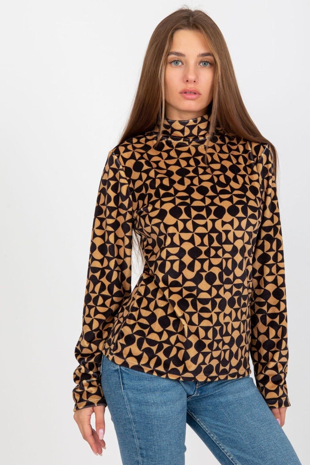Love Lace Love Lace Women's Velour Stand Collar Long Sleeve Pattern Blouse in Brown