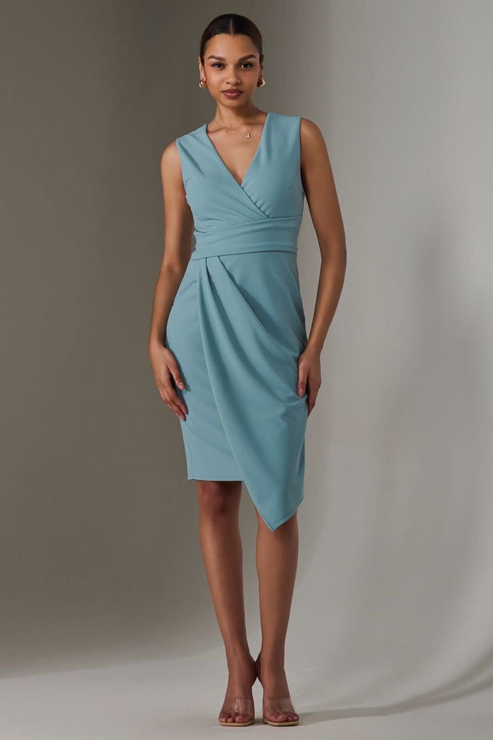 Jolie Moi Duck Egg Blue Sleeveless Wrap Front Midi Dress