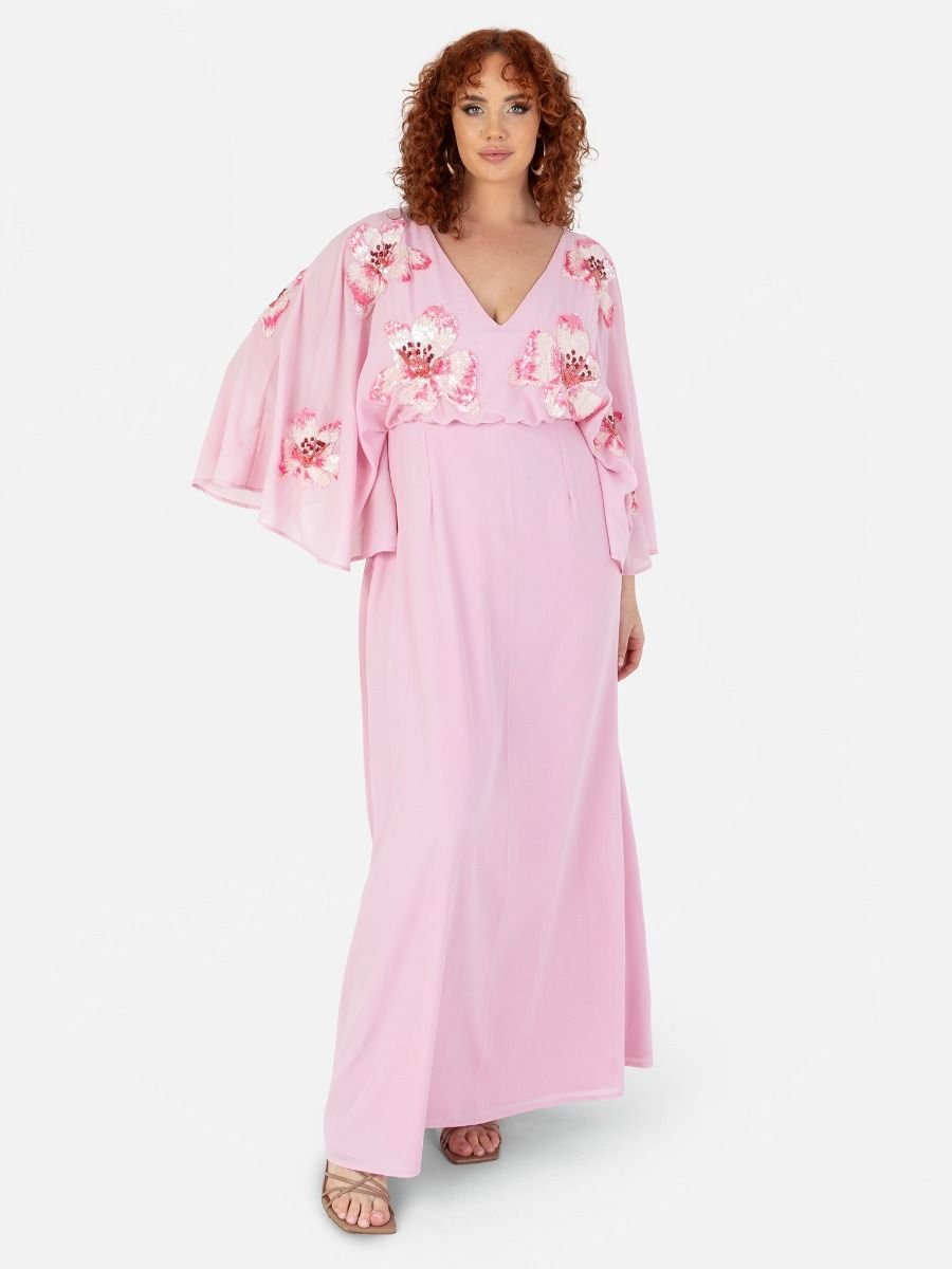 Maya Deluxe Maya Deluxe Women's Embellished Cape Sleeve Maxi Dress in Pink - 3