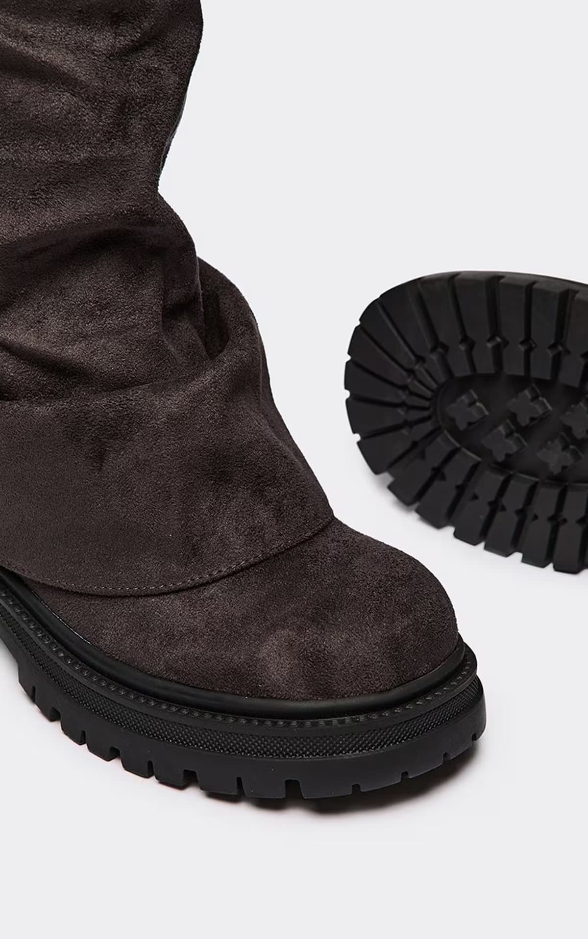 EGO Margot Layered Detail Knee High Long Biker Boot In Charcoal Faux Suede., Women's Size UK 3