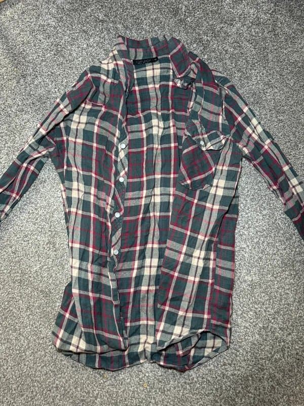 Topshop Green red beige check tartan button up long sleeve shirt