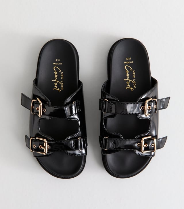 New Look Women's Wide Fit Black Faux Leather Buckled Strap Sandals Vegan New Look - 2