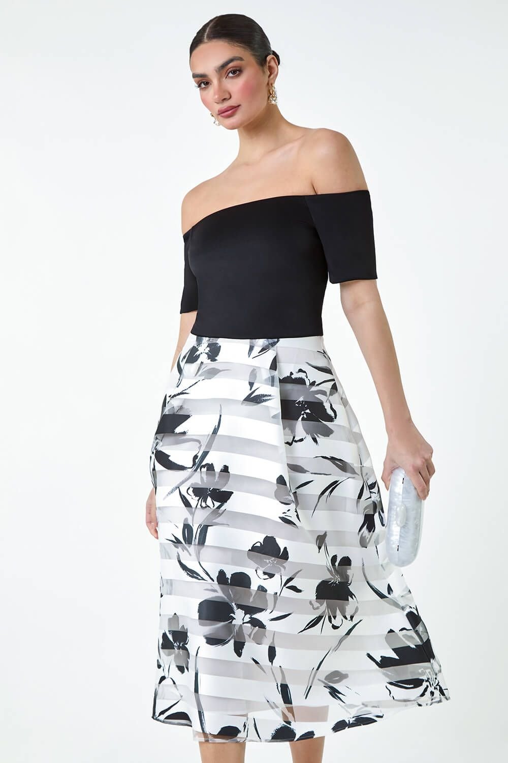 Ariella Ariella Women's Floral Print Premium Stretch Bardot Dress in Black - 2