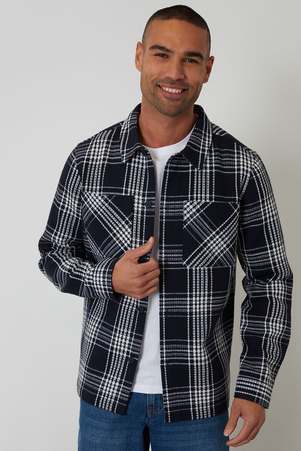Threadbare Threadbare Men's Check Waffle Textured Shacket in Navy