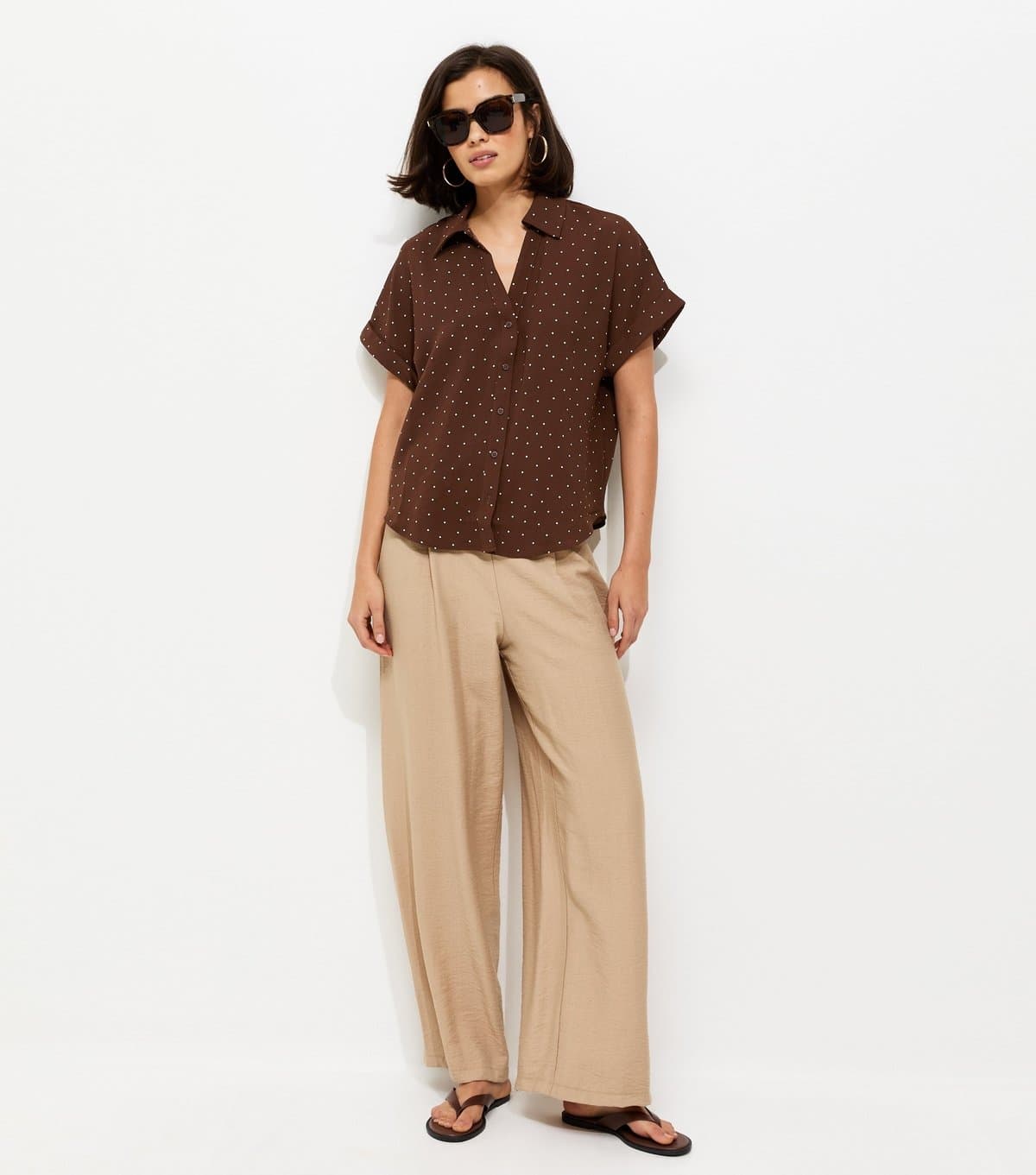 New Look Women's Brown Spot Print Short Sleeve Shirt New Look