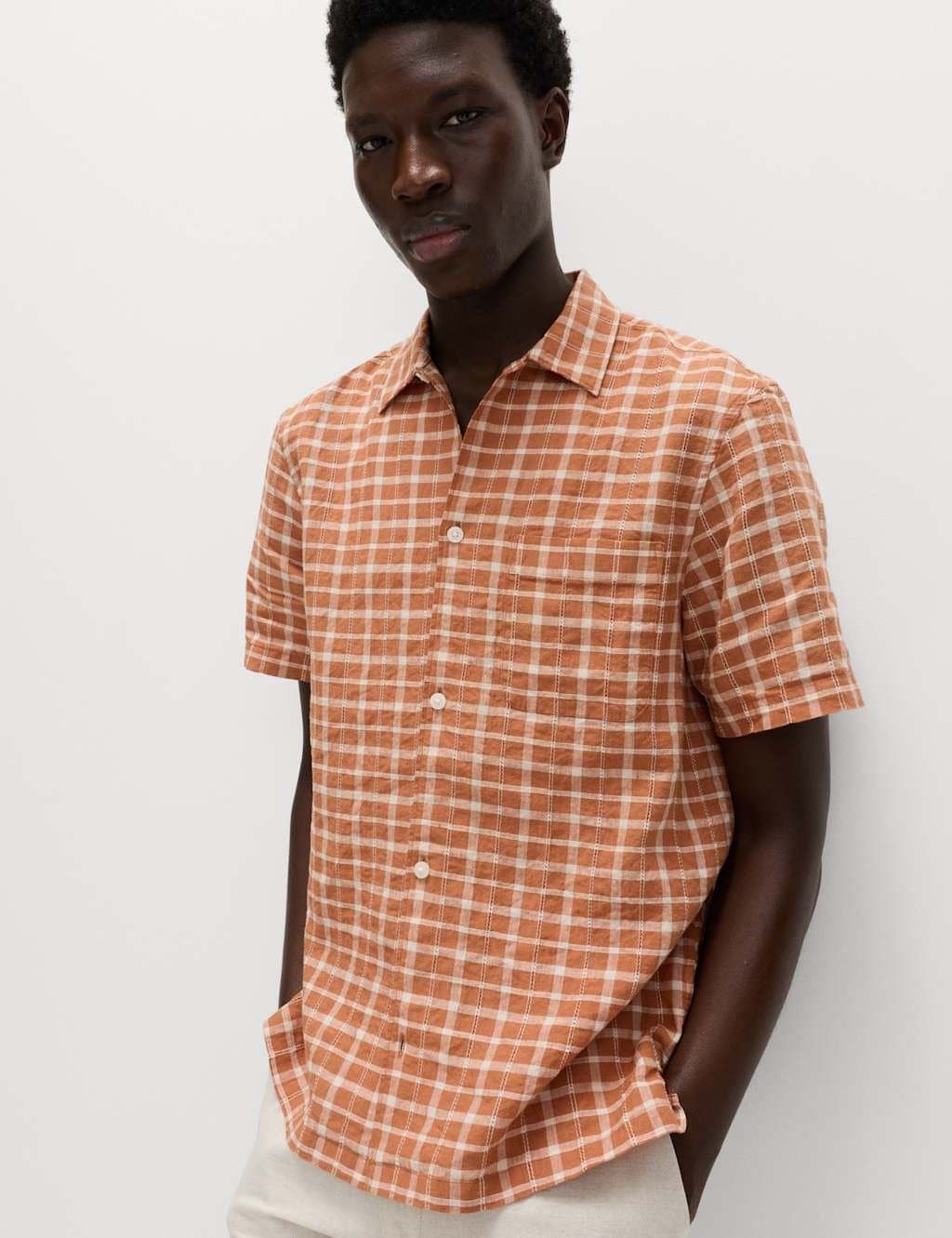 Marks & Spencer M&S Linen Rich Check Short Sleeve Shirt Orange Mix