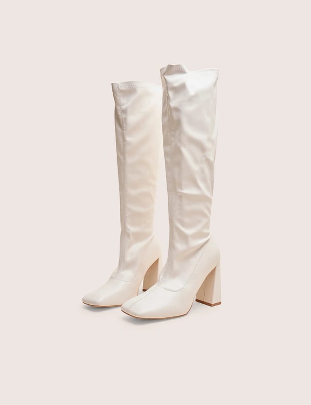 Public Desire Audrina White Pu Block Heel Knee High Sock Boots - 2