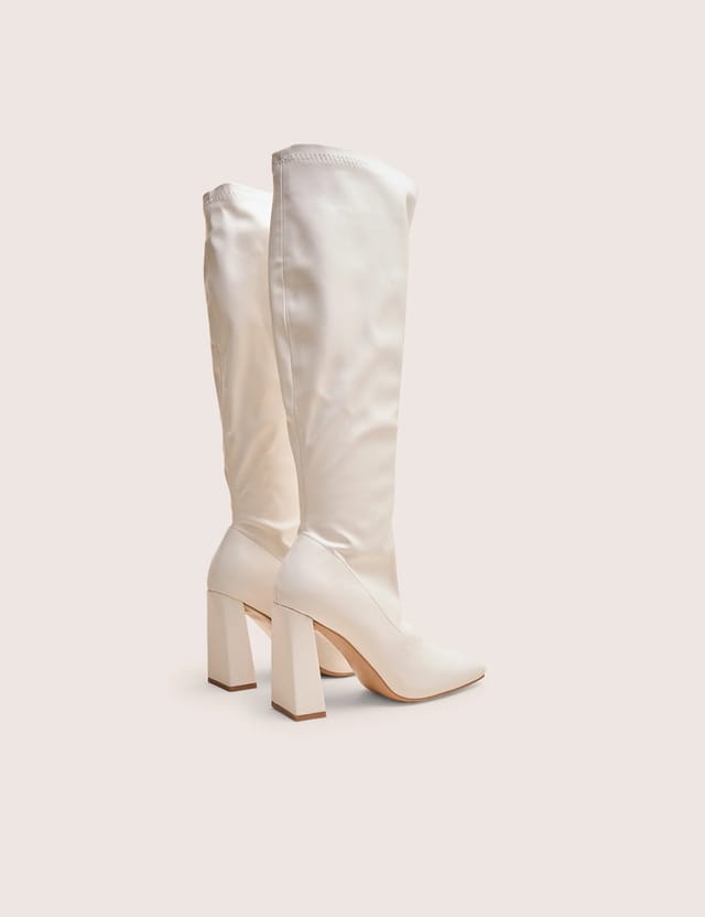 Public Desire Audrina White Pu Block Heel Knee High Sock Boots - 3