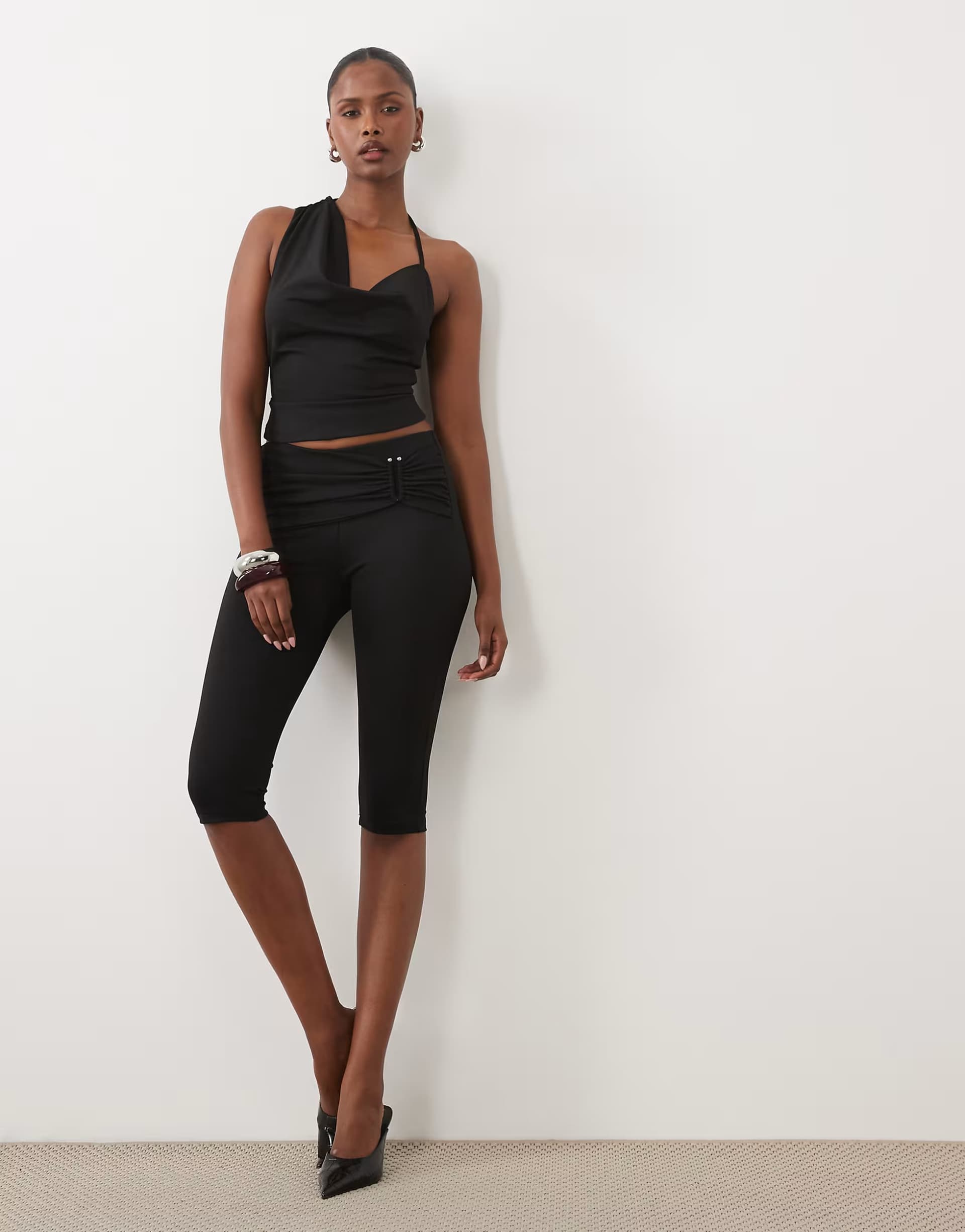 ASOS The Frolic ruched metal detail capris trouser co-ords in black