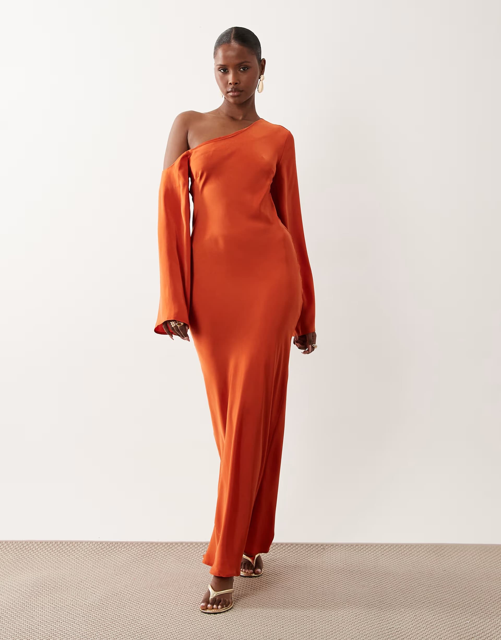 ASOS ASOS DESIGN fallen shoulder long sleeve column maxi dress in rust