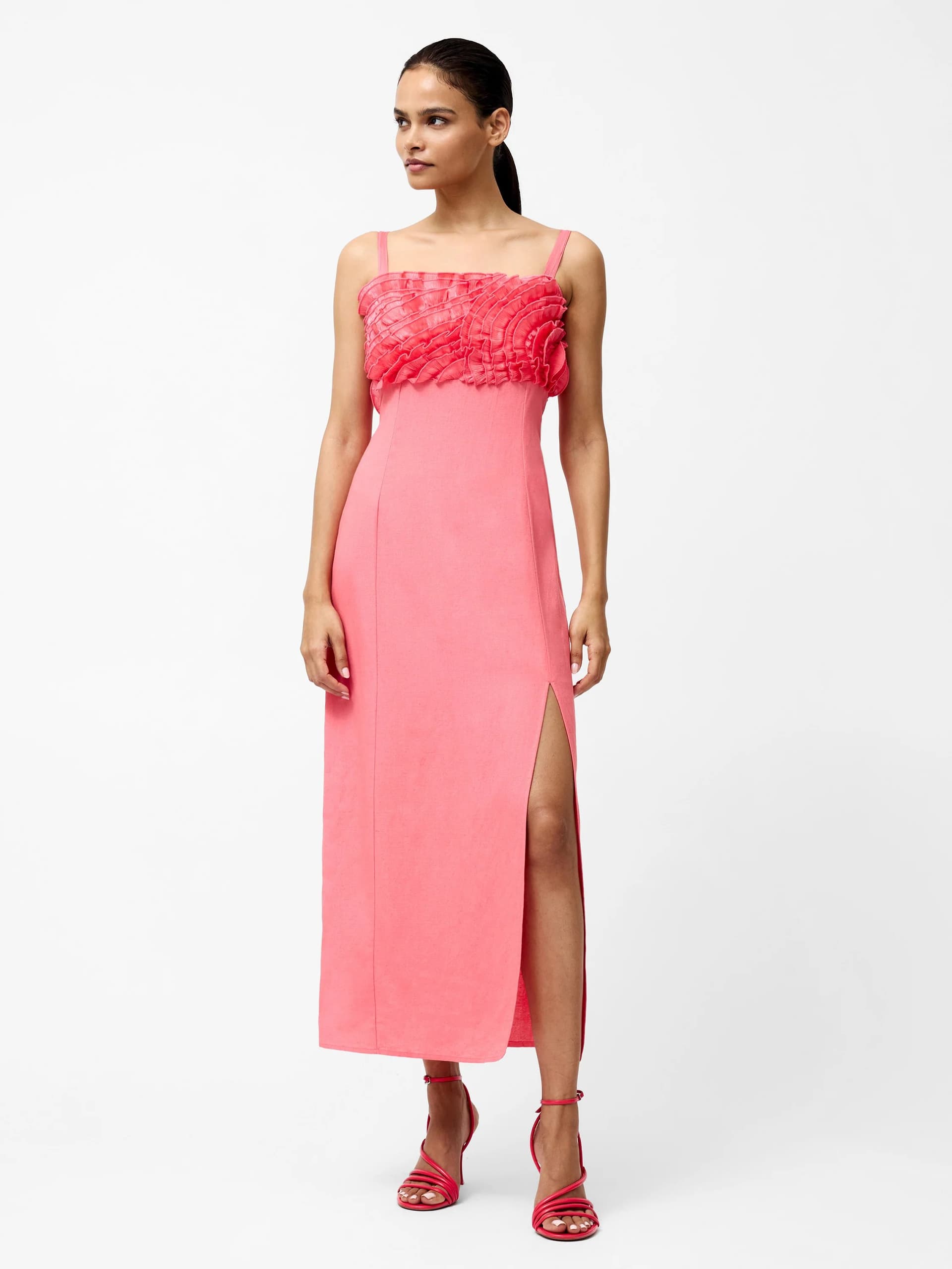 French Connection Ariette Ruffled Bust Midi Dress Raspberry Pink