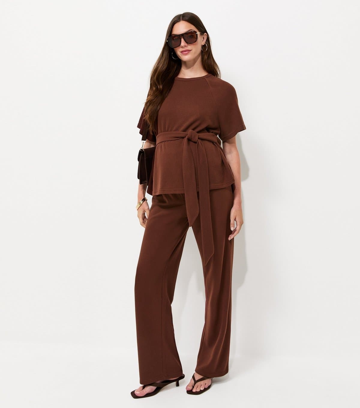 New Look Women's Maternity Brown Soft Touch Short Sleeve Tie Waist Top New Look
