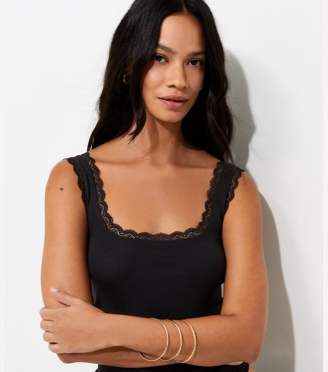 New Look Women's Black Cotton Rich Lace Trim Square Neck Vest New Look - 2