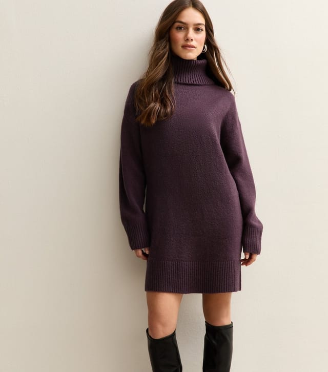 New Look Women's Petite Dark Purple Roll Neck Mini Dress New Look - 3