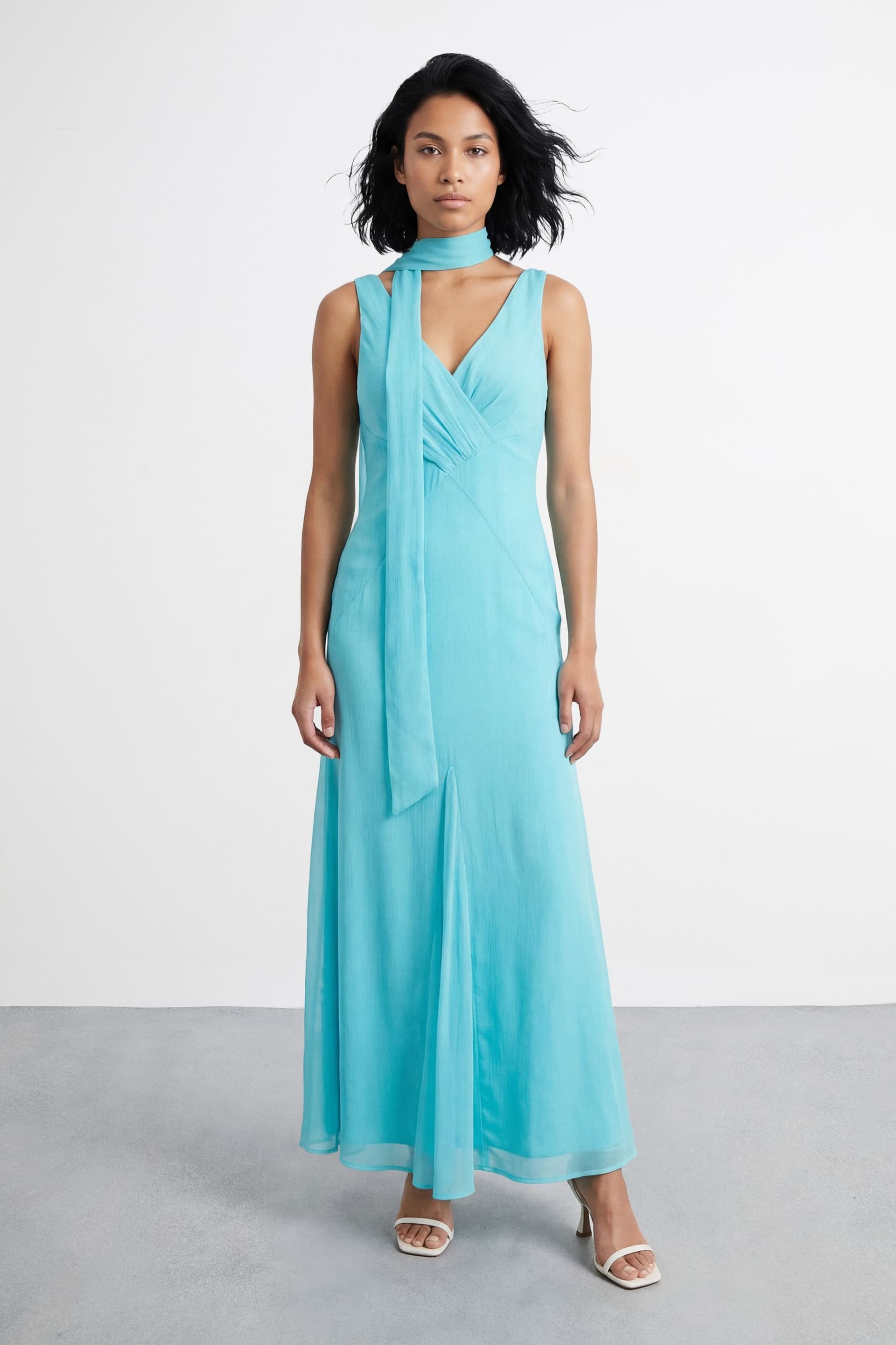Warehouse Warehouse Women's V Neck Scarf Detail Maxi Dress in Turquoise