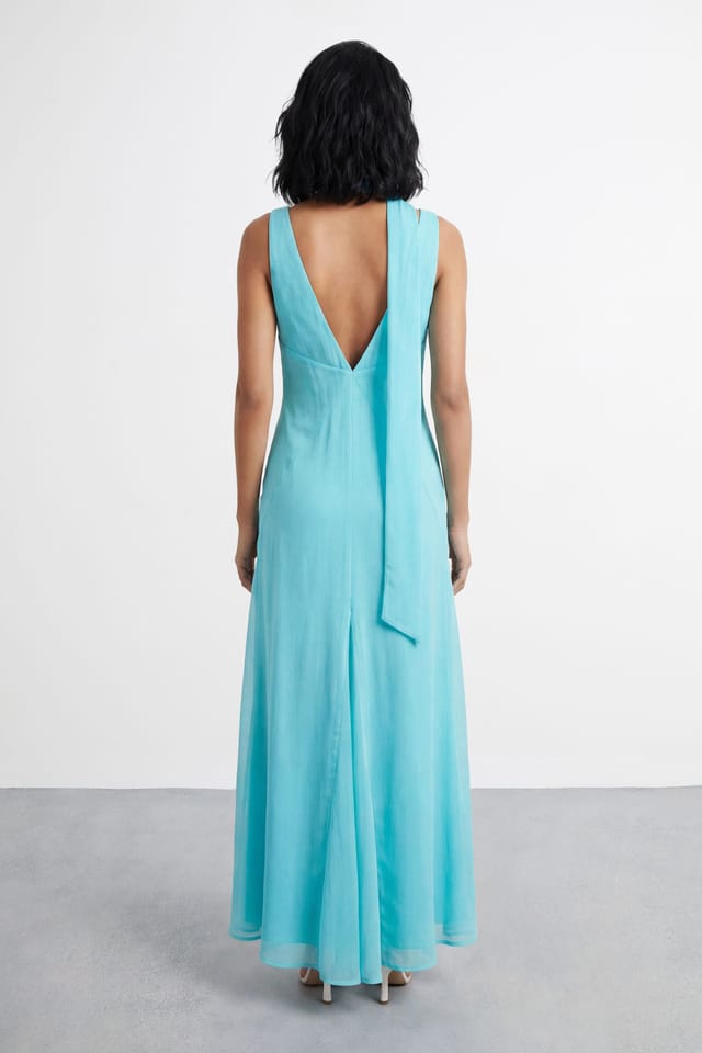 Warehouse Warehouse Women's V Neck Scarf Detail Maxi Dress in Turquoise - 3