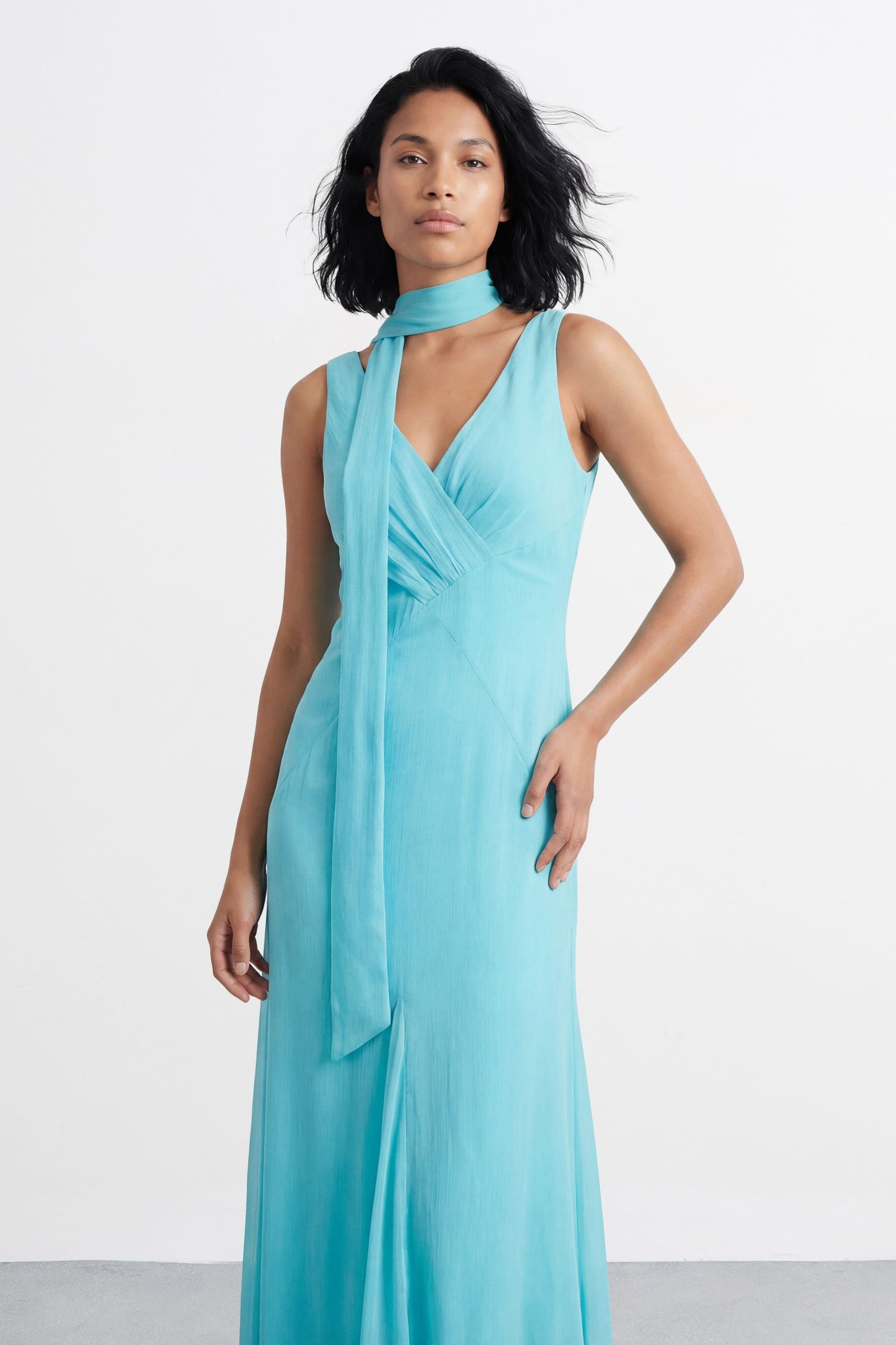 Warehouse Warehouse Women's V Neck Scarf Detail Maxi Dress in Turquoise - 4