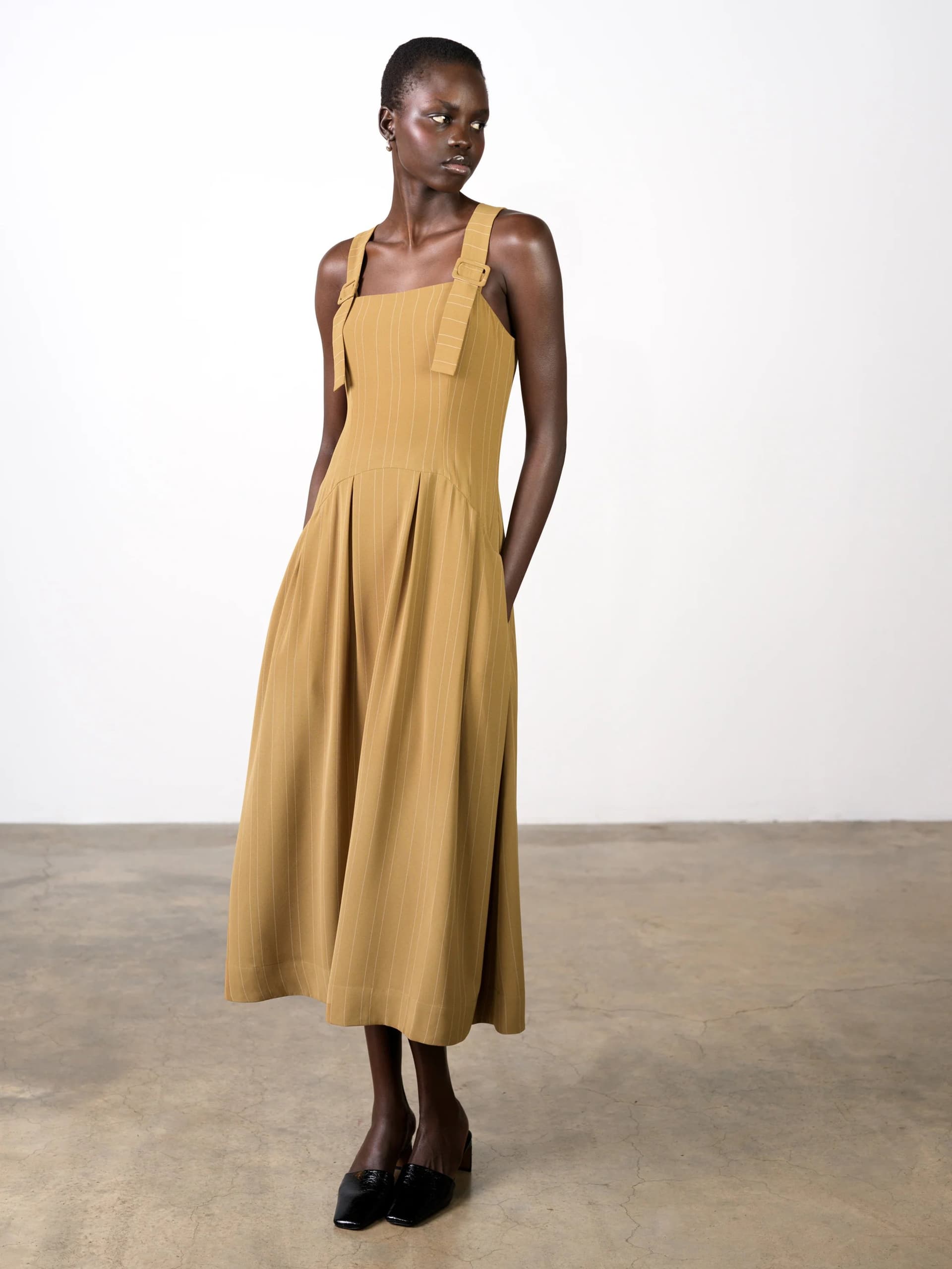 French Connection Erma Khaki Green Pinstripe Buckle Strap Midi Dress Olive Khaki/white