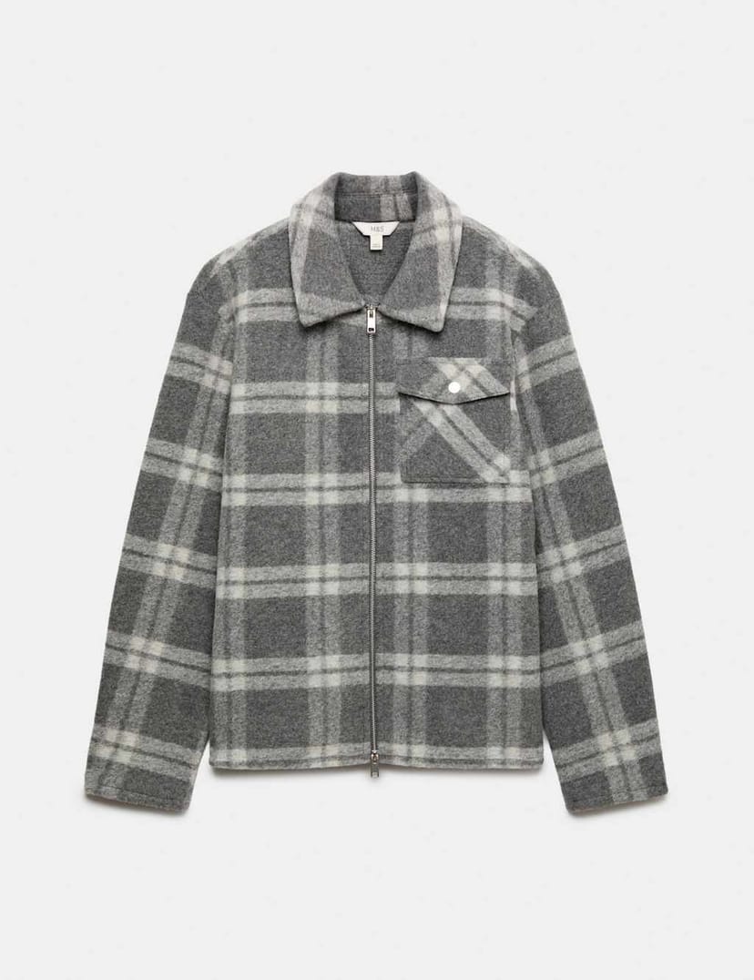 Marks & Spencer M&S Wool Blend Fleece Check Overshirt Metal - 1