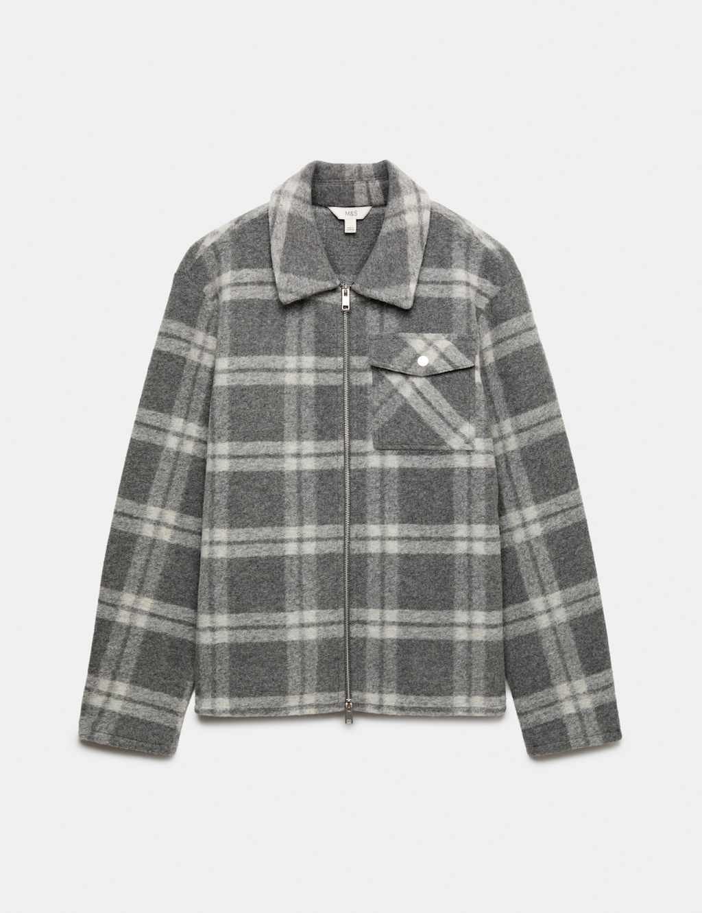 Marks & Spencer M&S Wool Blend Fleece Check Overshirt Metal - 1