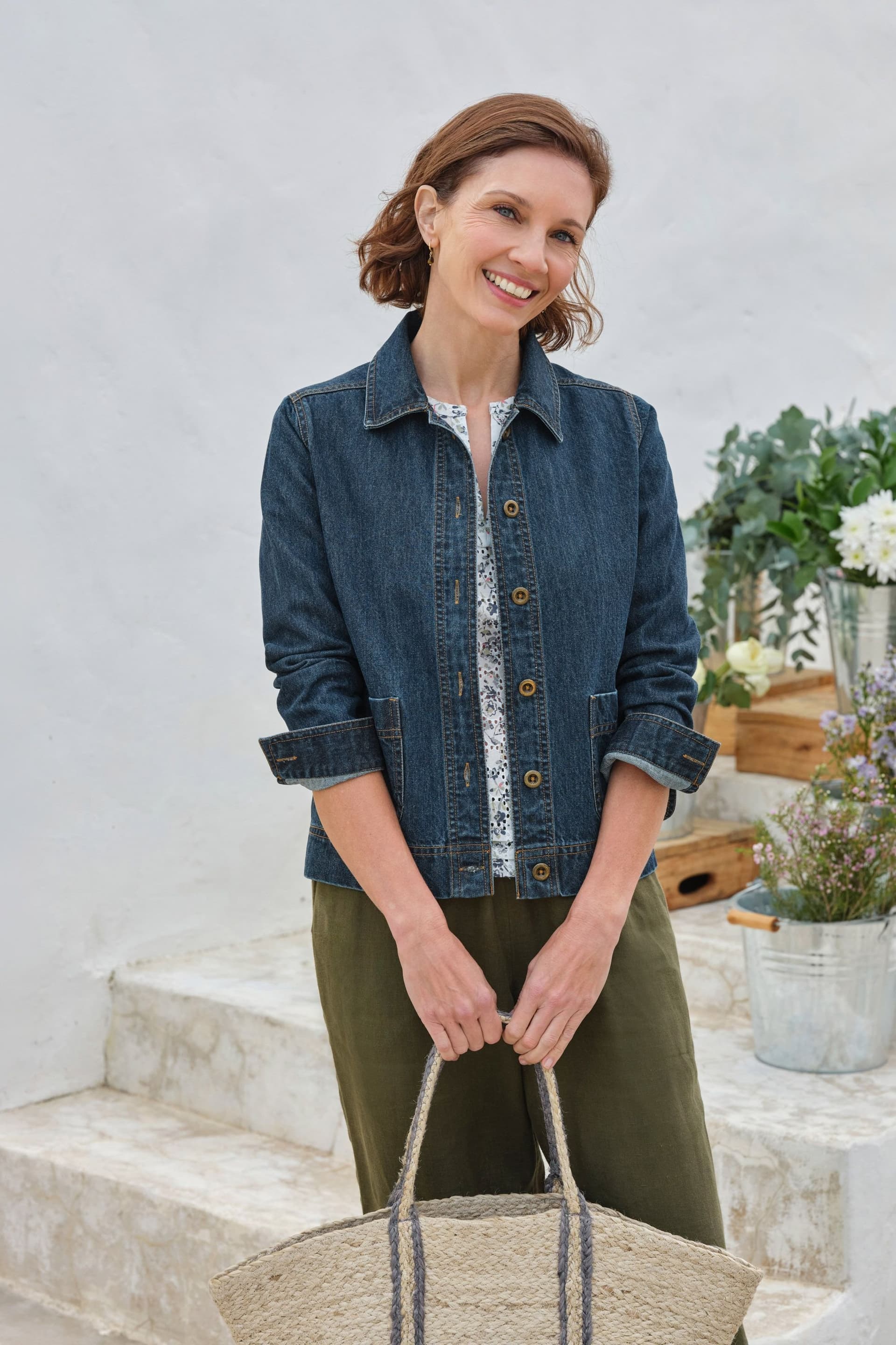 WoolOvers WoolOvers Women's Curved Pocket Denim Jacket in Mid Blue