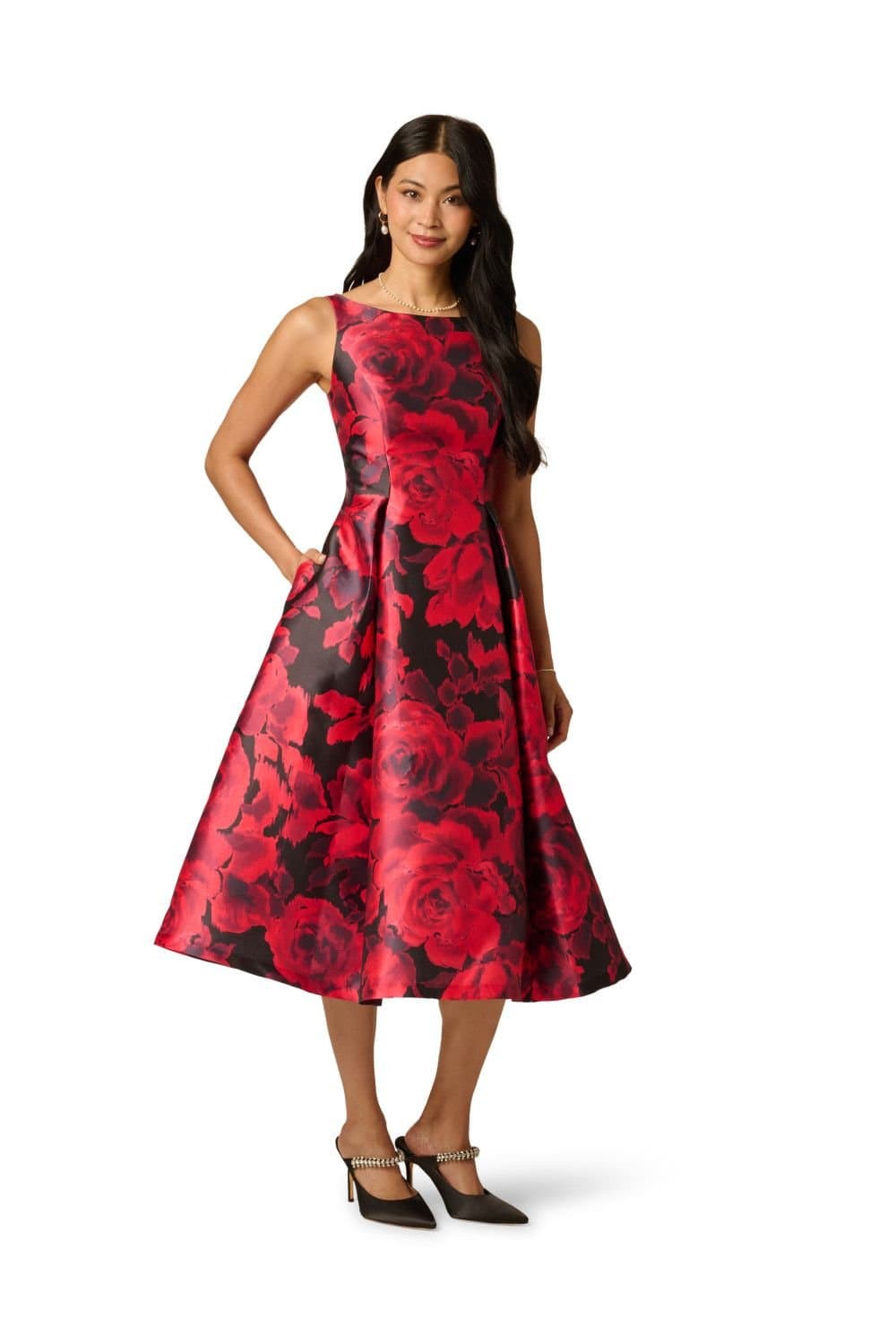 Adrianna Papell Adrianna Papell Women's Boat Neck Printed Tea Dress in Red