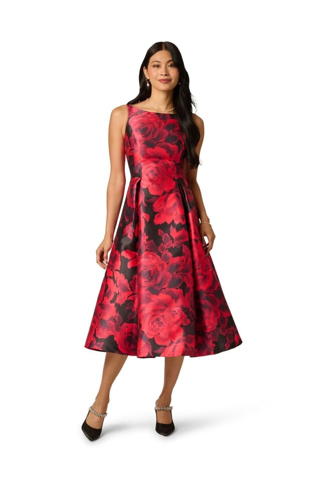 Adrianna Papell Adrianna Papell Women's Boat Neck Printed Tea Dress in Red - 2