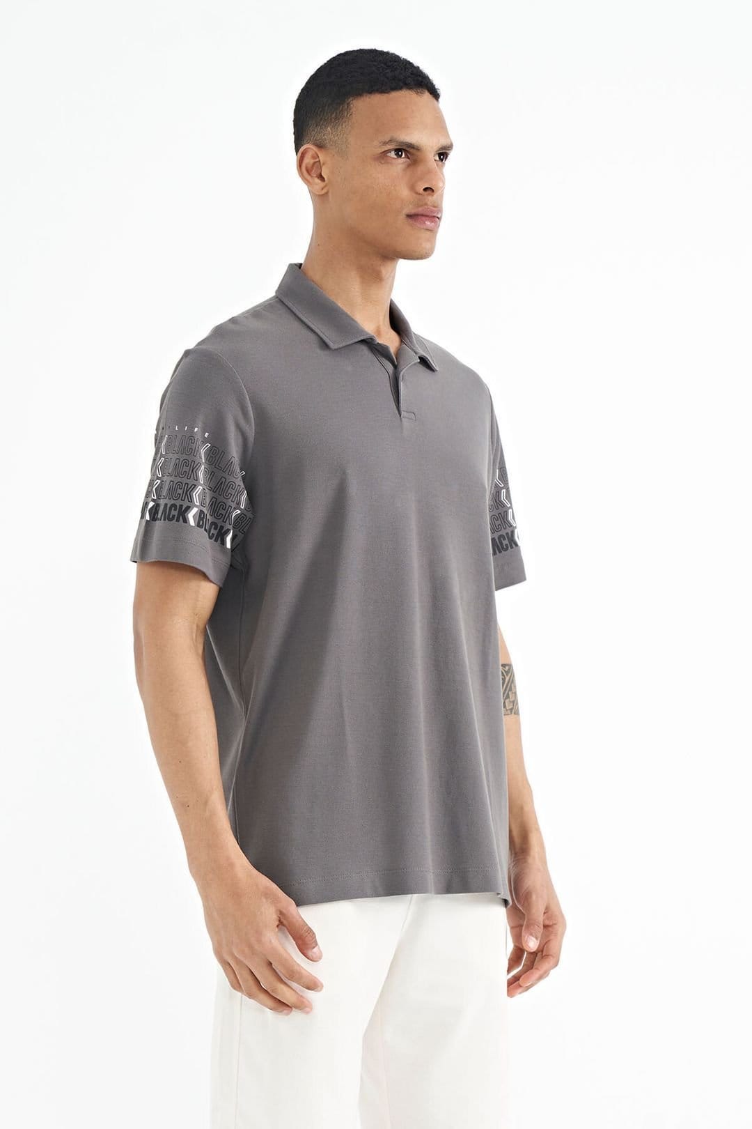 Tommy Life Tommy Life Men's Printed Polo Collar T-Shirt in Charcoal - 4