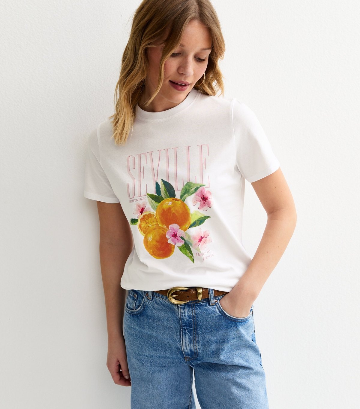 New Look Women's White Orange Print T-Shirt New Look - 2