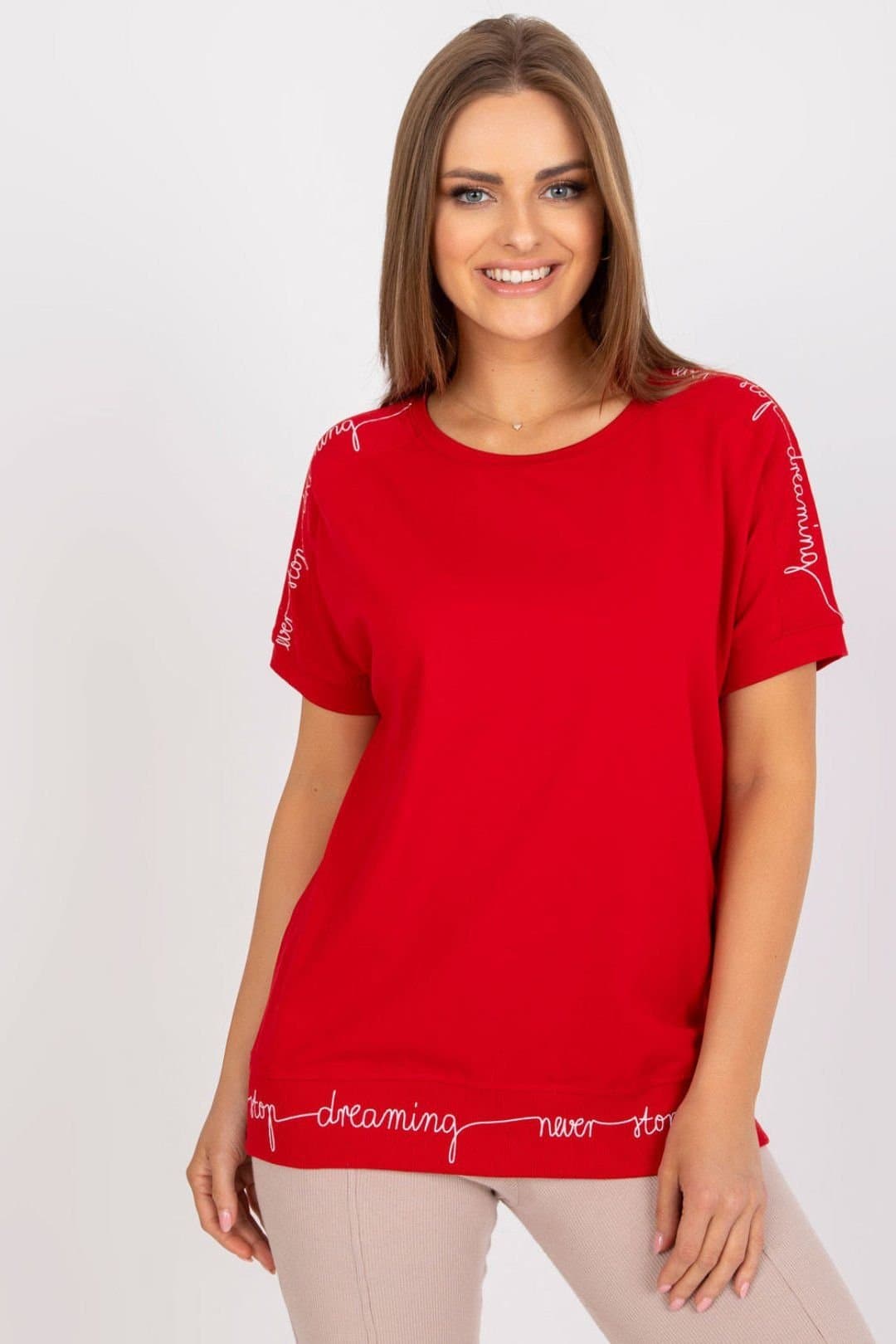 Love Lace Love Lace Women's Short Sleeve Round Neck Blouse with Trim in Red