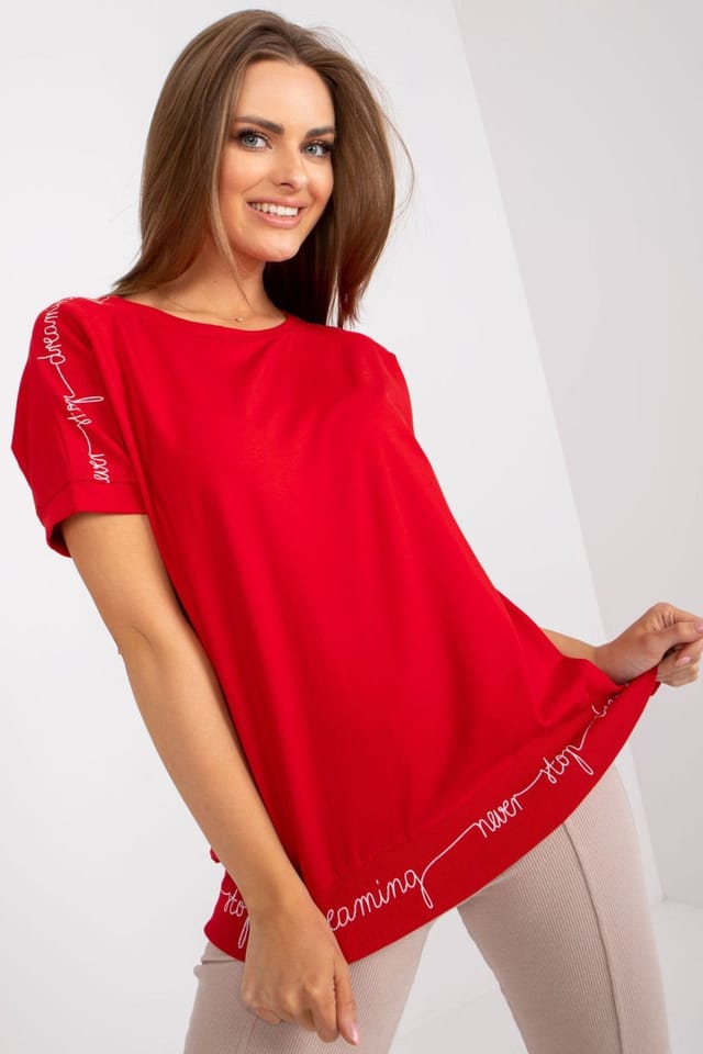 Love Lace Love Lace Women's Short Sleeve Round Neck Blouse with Trim in Red - 2