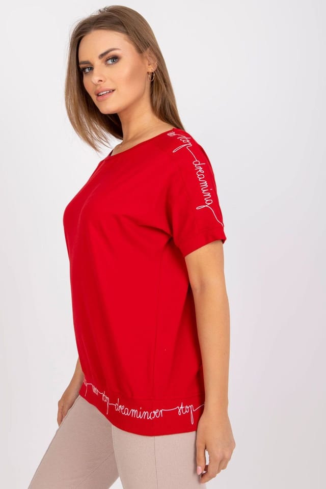 Love Lace Love Lace Women's Short Sleeve Round Neck Blouse with Trim in Red - 3