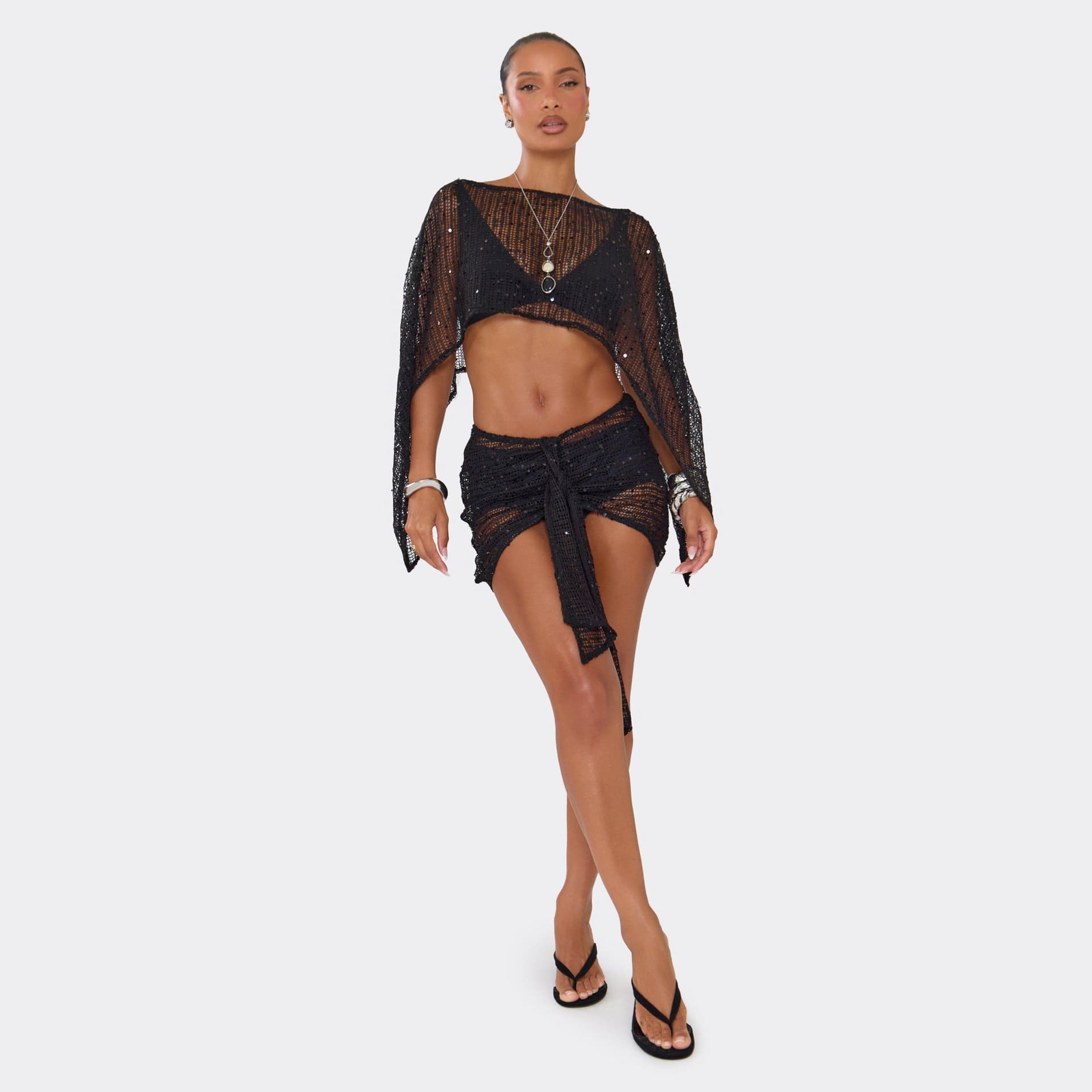 EGO Low Rise Ruched Drape Mini Skirt In Black Sequin, Women's Size UK 6