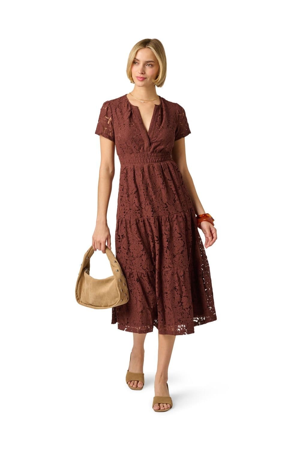 Adrianna Papell Brown Lace Tiered Midi Dress