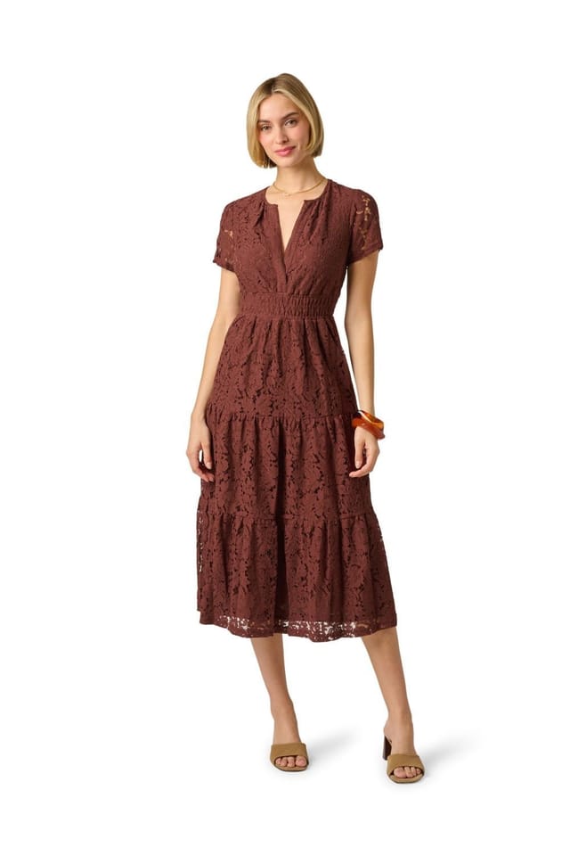 Adrianna Papell Adrianna Papell Women's Lace Tiered Midi Dress in Brown - 2