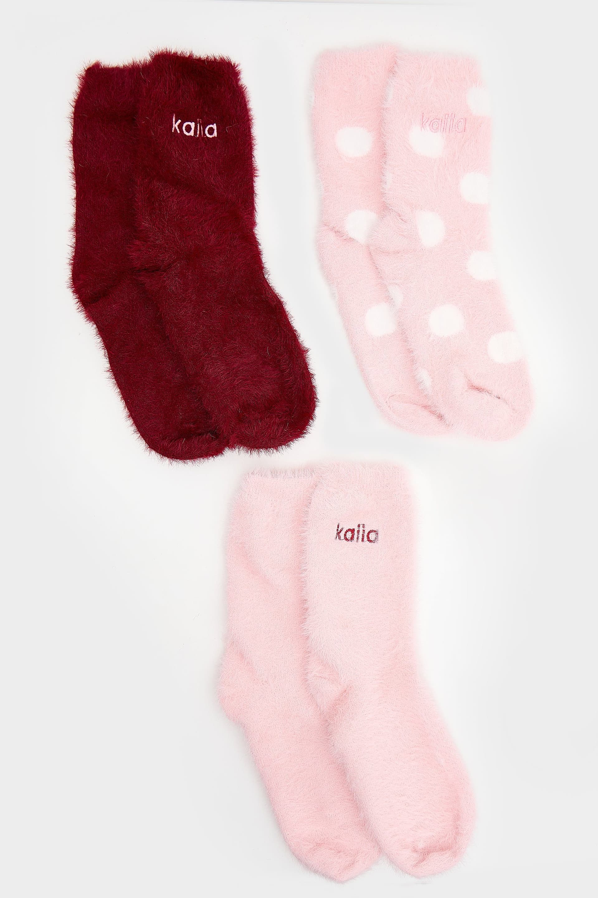 Kaiia Kaiia Pack Of Three Logo Fluffy Socks Pink, Cream & Berry
