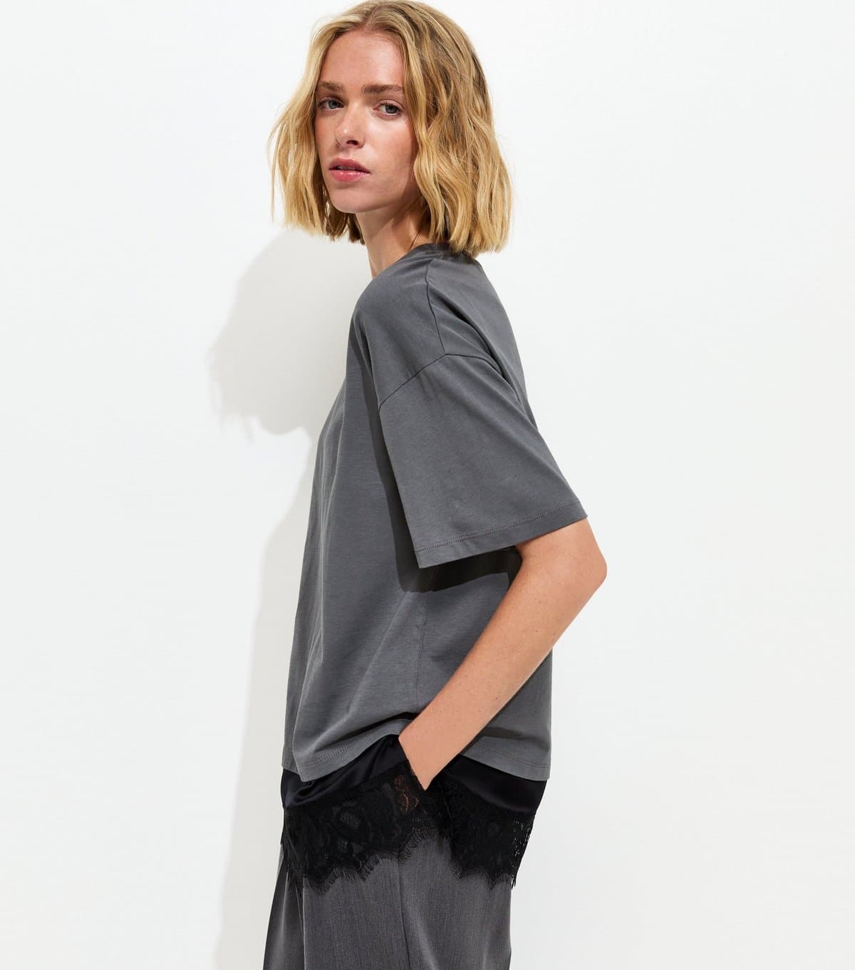 New Look Women's Dark Grey Satin Lace Hem Oversized T-Shirt New Look