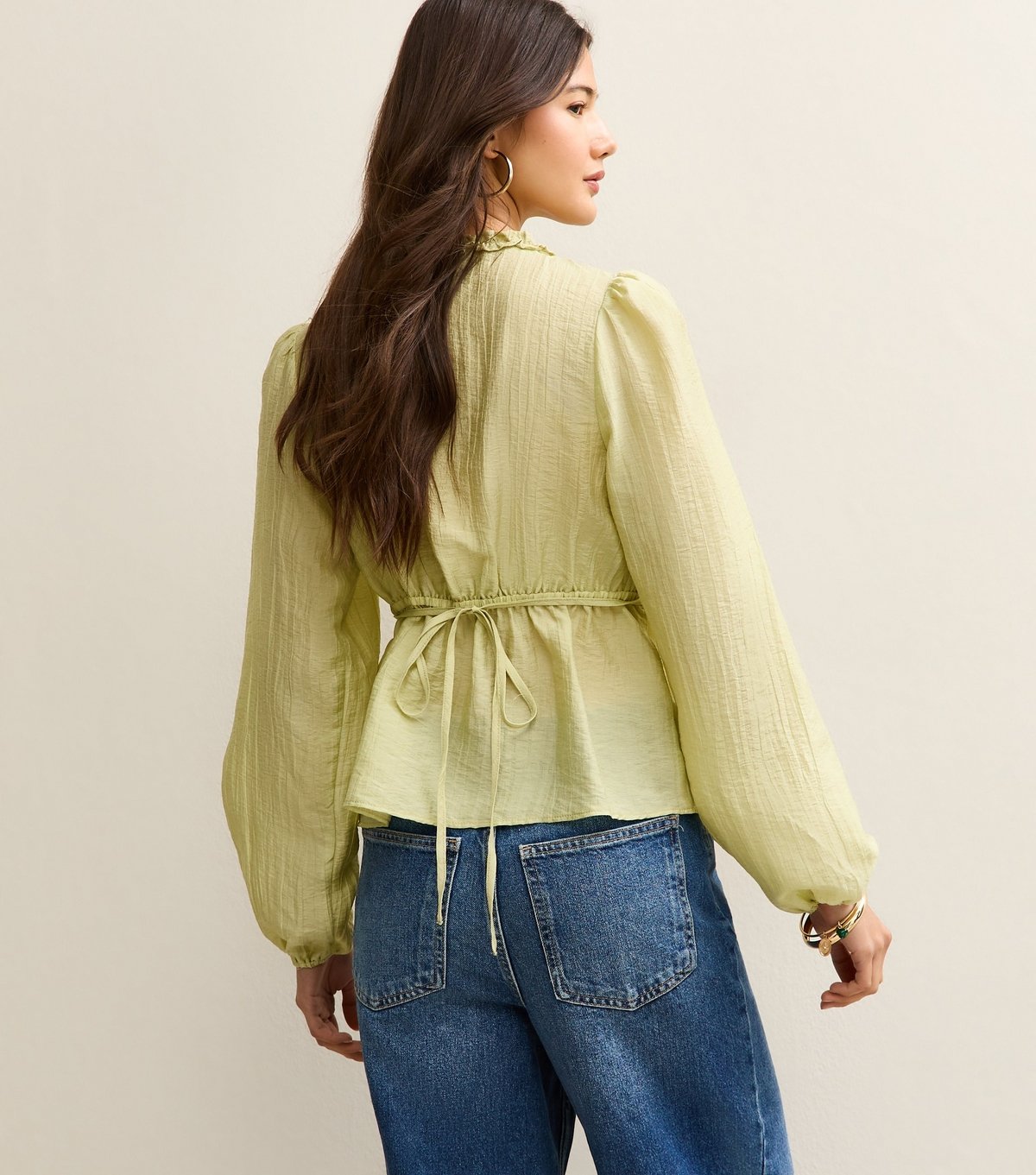 New Look Women's Light Green Crinkled Long Sleeve Tea Blouse New Look - 4
