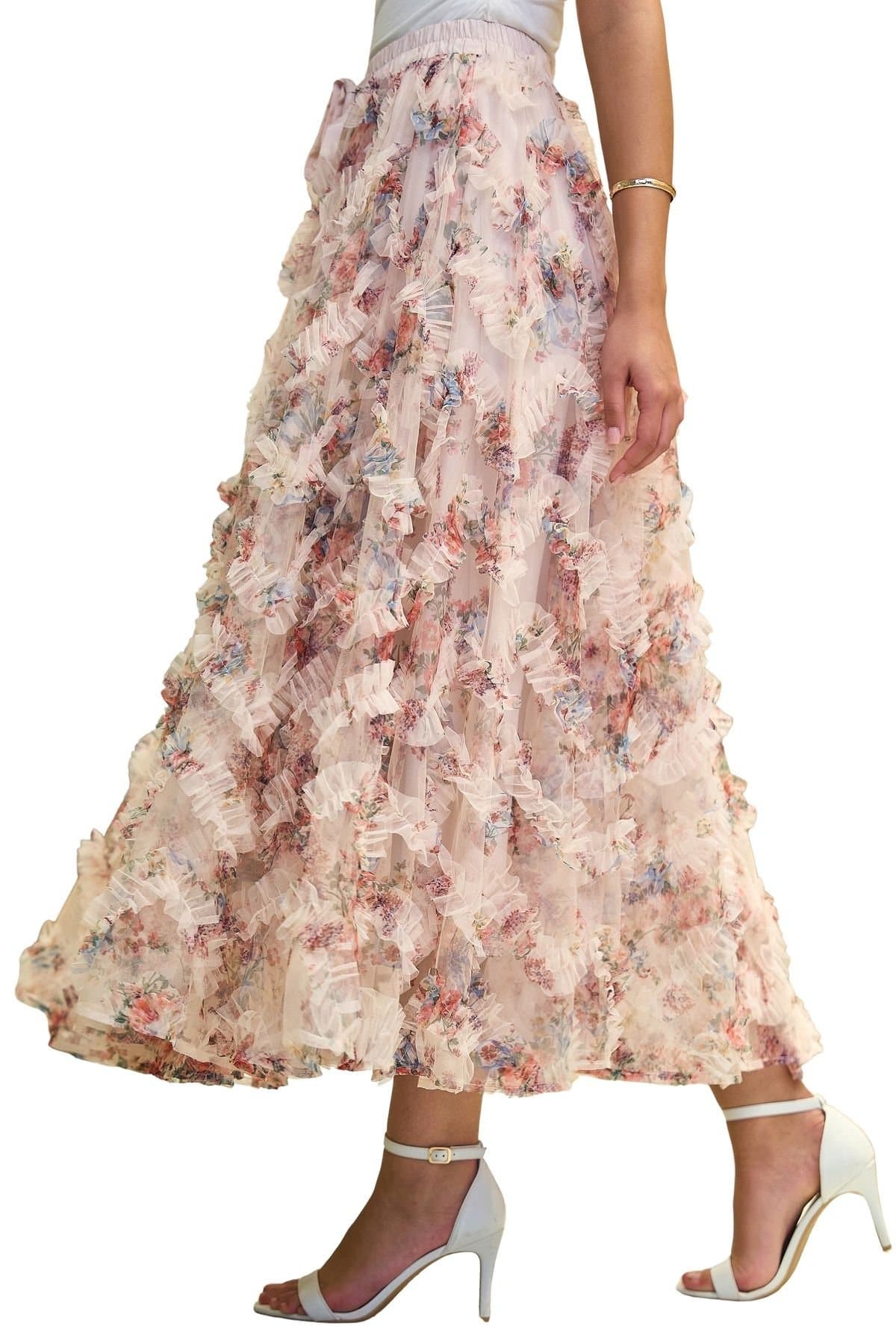 Yumi Yumi Women's Floral Ruffle Mesh Midi Skirt in White