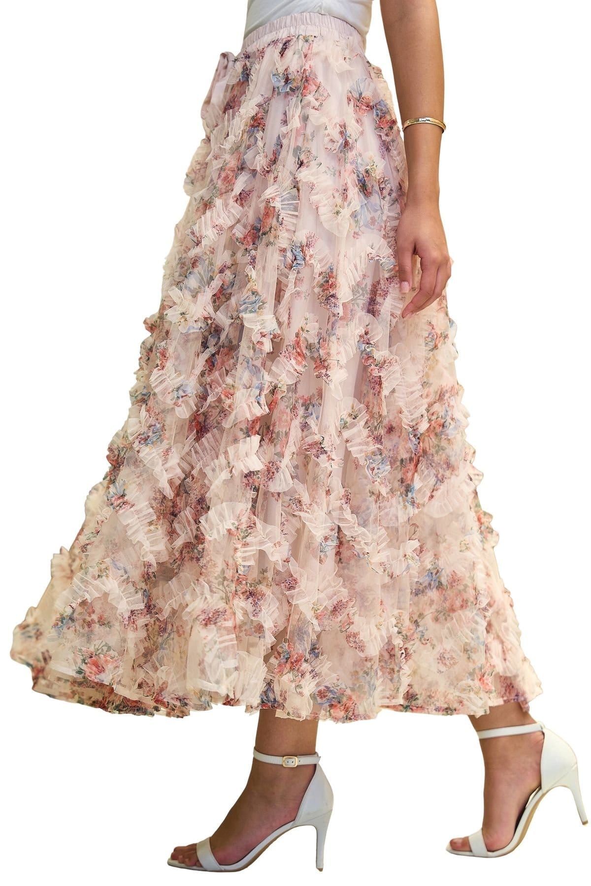 Yumi Women's Floral Ruffle Mesh Midi Skirt in White