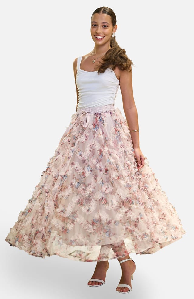 Yumi Yumi Women's Floral Ruffle Mesh Midi Skirt in White - 2