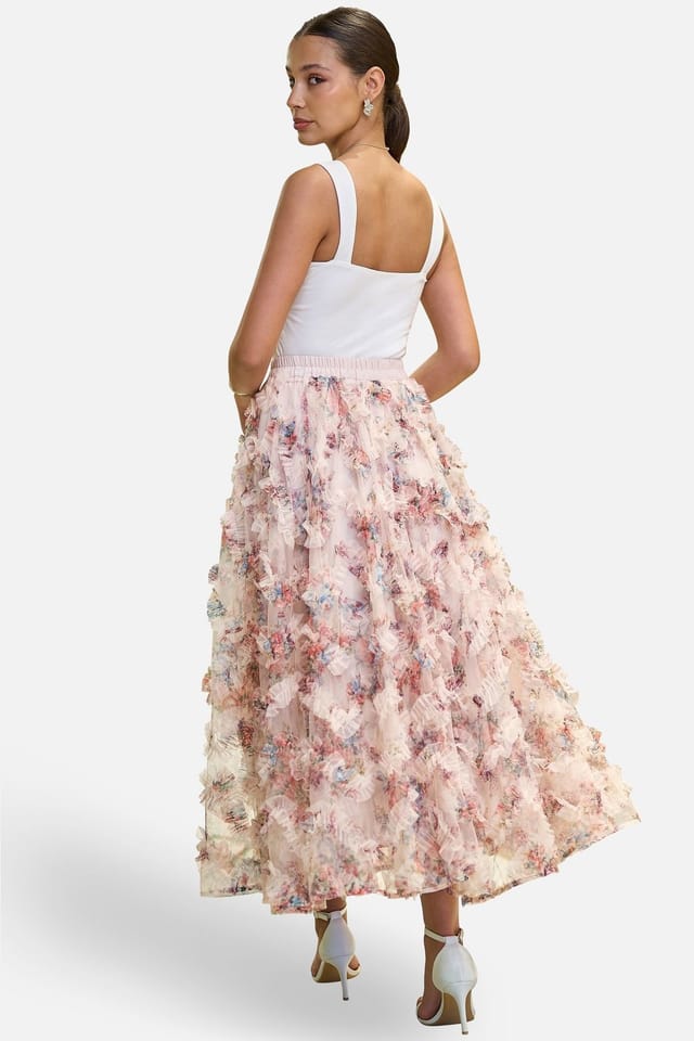 Yumi Yumi Women's Floral Ruffle Mesh Midi Skirt in White - 3