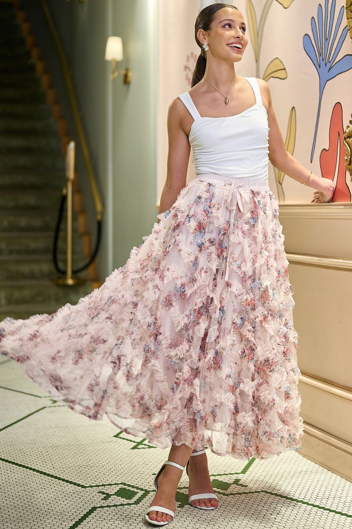Yumi Yumi Women's Floral Ruffle Mesh Midi Skirt in White - 4