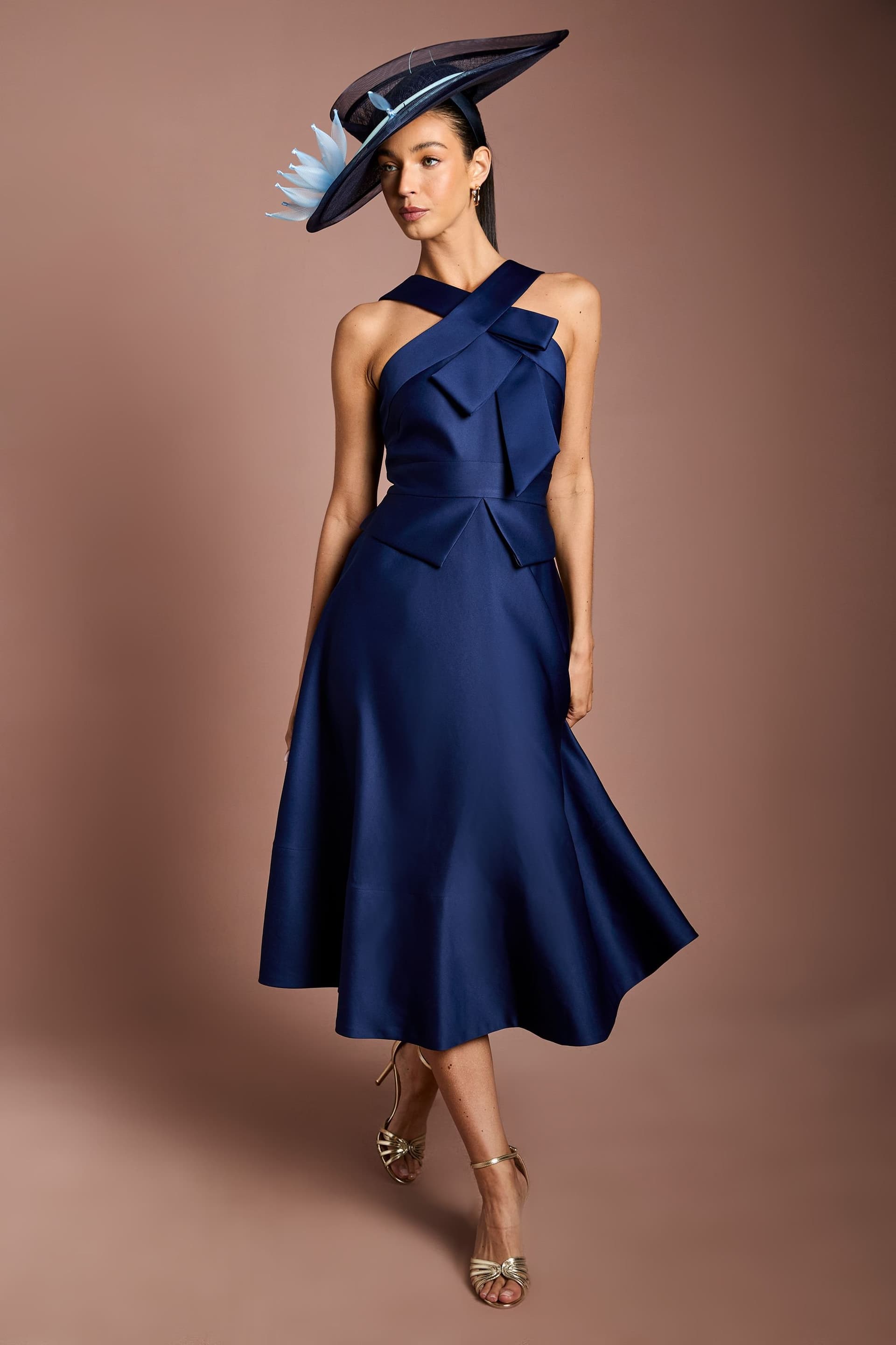Coast Coast Women's Lisa Tan Cross Neck Structured Satin Bow Detail Midi Dress in Navy