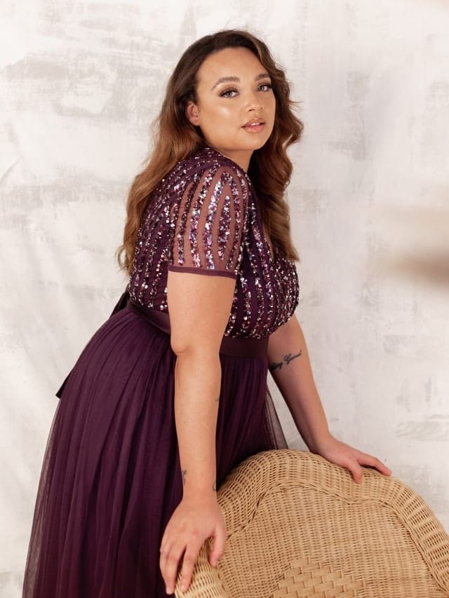 Maya Deluxe Maya Deluxe Women's Belted Stripe Embellished Maxi Dress in Grape - 3