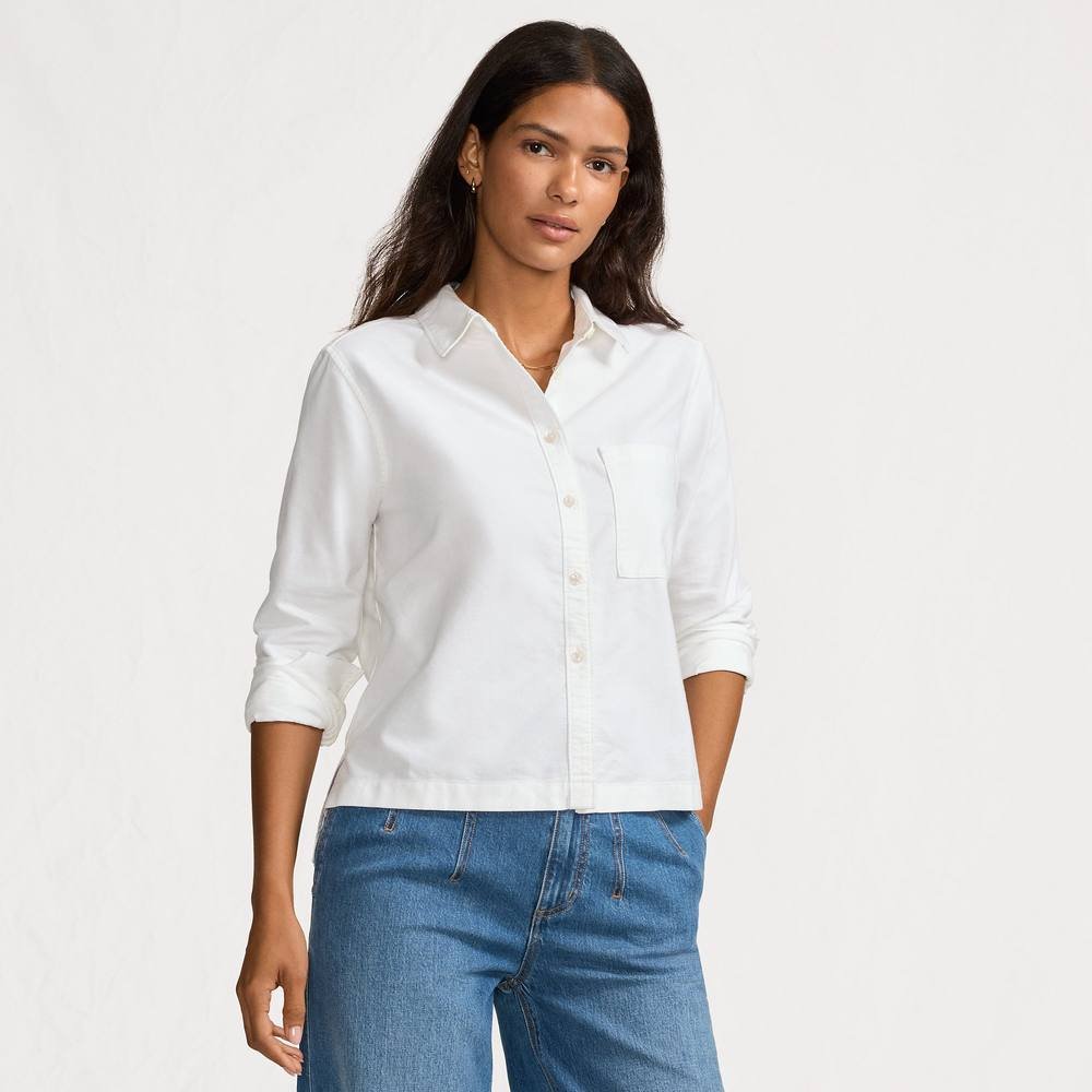 lands end Lands' End Women's Oxford Cropped Shirt with Step Hem in White - 2